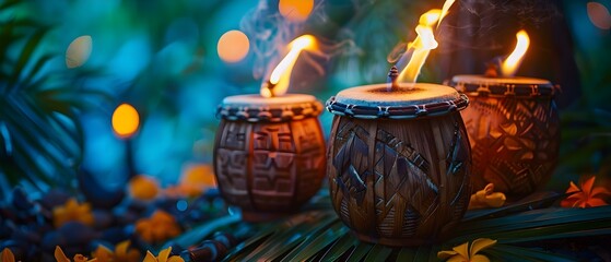 Tropical Night with Fiery Tiki Torches and Drums. Concept Tropical Night, Fiery Tiki Torches, Drums, Island Vibes - obrazy, fototapety, plakaty