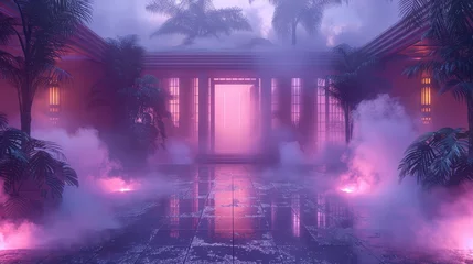 Deurstickers   A room filled with heavy smoke A door in its midst, encircled by palm trees © Nadia