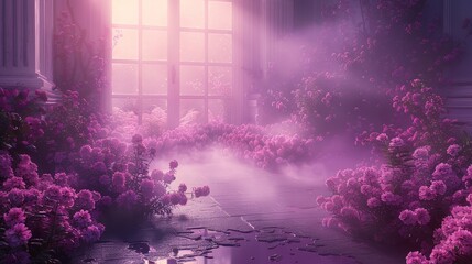   A room brimming with numerous pink blossoms adjacent to a windowsill, where sunlight pours in brilliantly through the window - obrazy, fototapety, plakaty