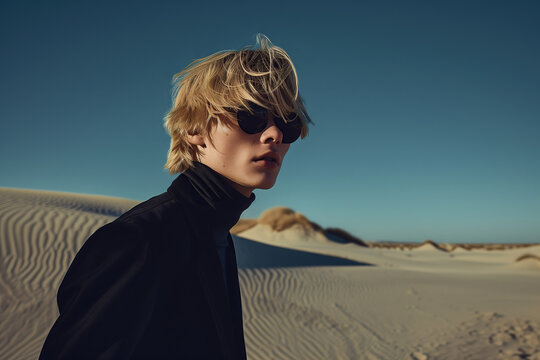 High fashion concept. Зortrait of fashionable male model with blond hair walking in luxurious clothing among sands under the blue sky. Luxury brands campaign style. Text space