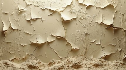   A detailed view of a wall with flaking paint and grime accumulated at its base The paint is visibly peeling off from the chipped wall - obrazy, fototapety, plakaty