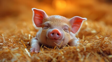  A close-up of a small pig lying on a pile of hay with its eyes closed