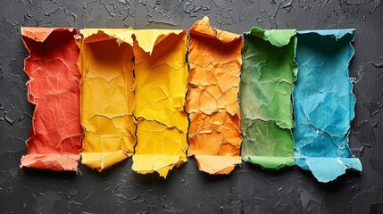   A multicolored paper rests atop a black surface, adjacent to a torn fragment of monochromatic paper