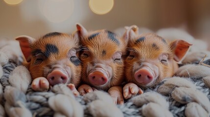   Three little pigs rest together on a fluffy white blanket pile, surrounded by soft lights