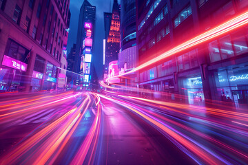 Fototapeta na wymiar Neon light trail forms a dynamic abstract ribbon darting through a teeming city street under the night sky