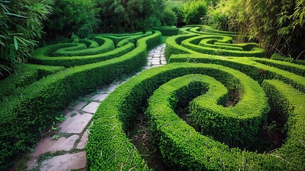 A hedge trimmed like a puzzle maze, creating a labyrinthine garden path.
