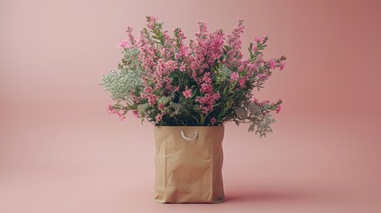   A brown paper bag filled with pink flowers rests on a pink surface against a pink background