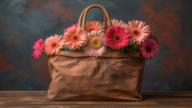  A brown paper bag filled with pink and orange blooms sits on a table near a wall