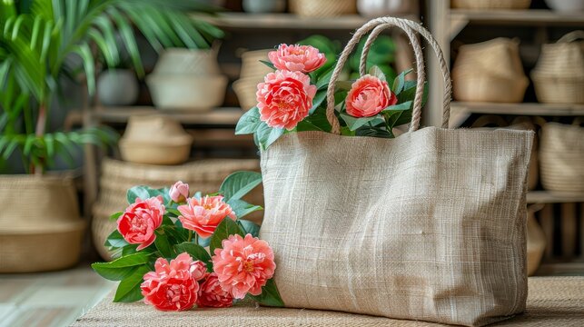   A jute bag adorned with pink blossoms rests before a shelved array of blooming potted plants