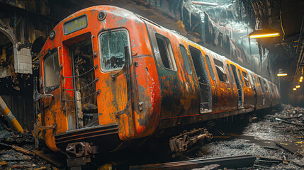 Burnt-out subway train in a dimly lit underground tunnel. The train appears severely damaged, with charred and melted surfaces.
