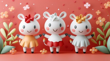   Three small dolls stand together on a pink backdrop, adorned with flowers and flitting butterflies