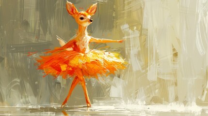Obraz premium A painting of a deer wearing an orange tutu and a yellow dress, accessorized with a bow on its head