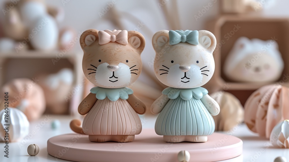 Poster   A tight shot of a cat and mouse figurine pair on a table against a backdrop of additional figurines