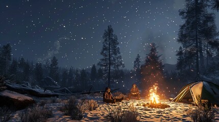 A group of buddies are camping and keeping warm by a cozy fire. - obrazy, fototapety, plakaty