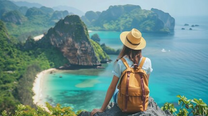 A happy Asian woman with a backpack is on a tropical island during summer vacation. She is resting on a mountain peak and enjoying the beautiful ocean view.