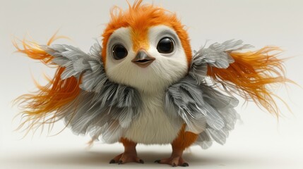   A detailed view of a plush toy featuring feathers on its head and wings attached to its back