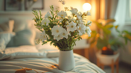 Macro shot of a bouquet of fresh flowers on a bedside table, modern interior design, scandinavian style hyperrealistic photography