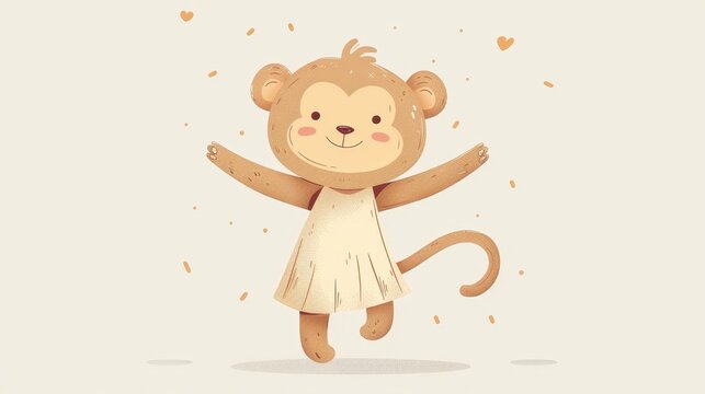   A cartoon monkey in a white dress, joyfully raising arms and smiling