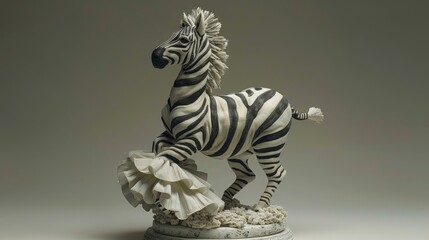 Fototapeta premium A zebra statue, depicted with erect hind legs, featuring a ruffling skirt-like effect at the backs
