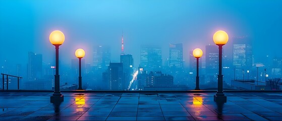 Misty City Serenade: Lamp-lit Rhythm Against Urban Nightscape. Concept Cityscape Photography, Nighttime Exploration, Dramatic Lighting, Urban Atmosphere, Street Lamps