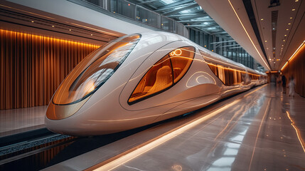 Modern train inside an elegant indoor station with warm lighting. - obrazy, fototapety, plakaty
