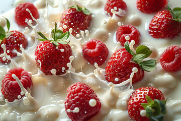 A creative pattern of strawberries and raspberries in the milky fluid. Dramatic photo with red tones. Healthy diet idea.