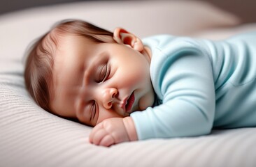 Baby sleeping in crib. Peaceful baby lying on a bed while sleeping in a bright room with his teddy bear. Panoramic view.