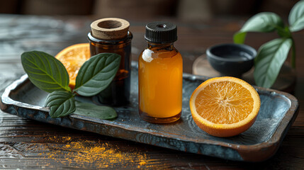   A tray with oranges, an orange essential oil bottle, and leafy decoration tops it - obrazy, fototapety, plakaty
