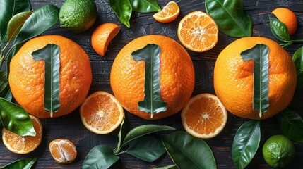   A large orange number one, surrounded by oranges and leaves, on a wooden table One orange is cut in half