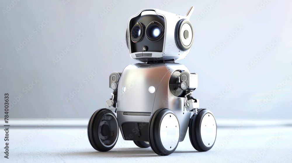 Poster cute humanoid robot with large eyes and wheels on a white background. modern technology and artifici