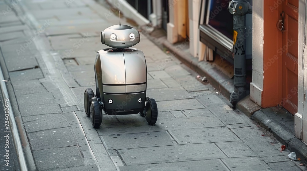 Poster patrol security robot in an urban setting. surveillance bot monitoring city. concept of high-tech pu