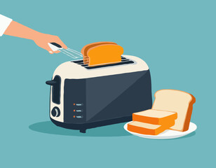 Automatic toaster cook bread for breakfast. Breakfast preparation concept