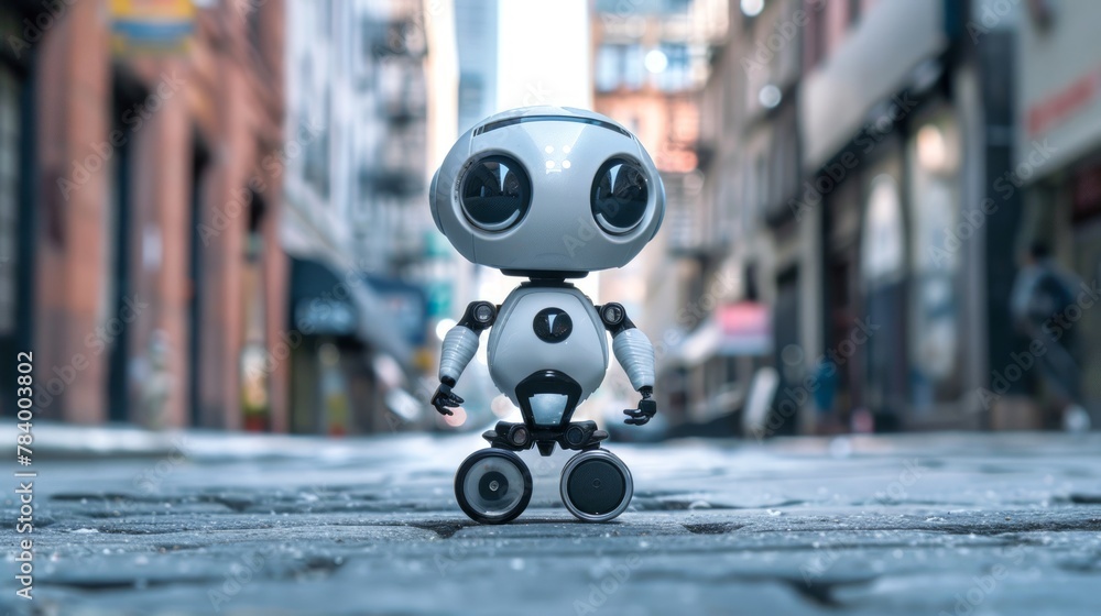 Poster small robot walking on a city street. compact android on an urban road. concept of robotics in every