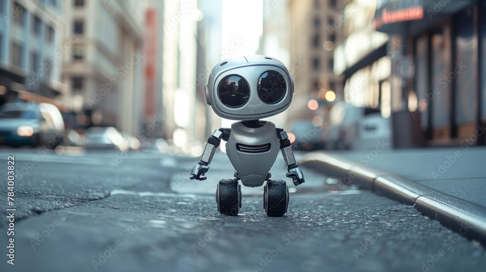 Poster curious mini robot navigating a city sidewalk. tiny android in a metropolitan setting. concept of ar