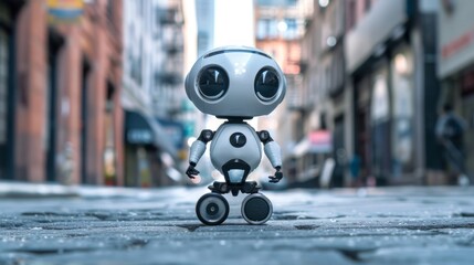 Small robot walking on a city street. Compact android on an urban road. Concept of robotics in everyday life, artificial intelligence exploration, companionship, and technology in public spaces.
