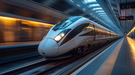 High-speed train speeding through an underground railway station.  - obrazy, fototapety, plakaty