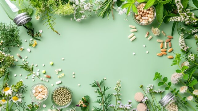 Herbal medicine composition with medicinal plants and pills on green backdrop. Natural supplements and herbs. Concept of alternative medication, natural supplements, homeopathy. Copy space. Flat lay