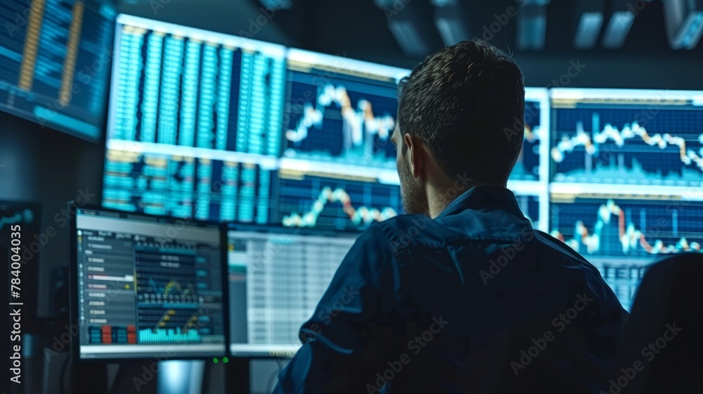 Poster trader analyzing financial data on multiple computer screens. focused analysis in a trading office e