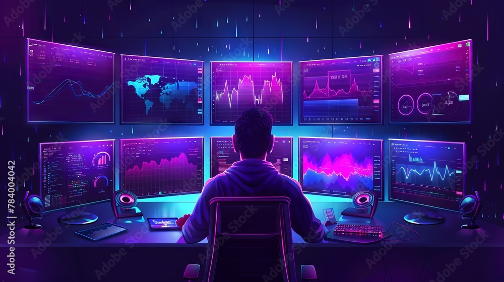 Poster trader analyzing financial data on multiple computer screens. focused analysis in trading office env