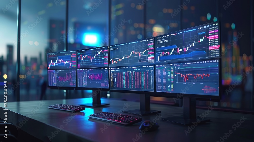 Poster financial data analysis with multi-monitor computer setup. trading station displaying stock market g