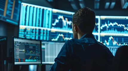 Trader analyzing financial data on multiple computer screens. Focused analysis in a trading office environment. Concept of stock market monitoring, financial analysis, and dedicated workspace.
