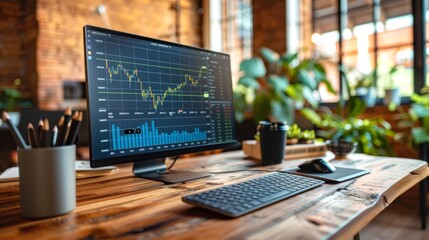 Cozy home office with stock market analysis on screen. Computer display of trading charts in a comfortable setting. Concept of remote work, home trading, and personal finance management.