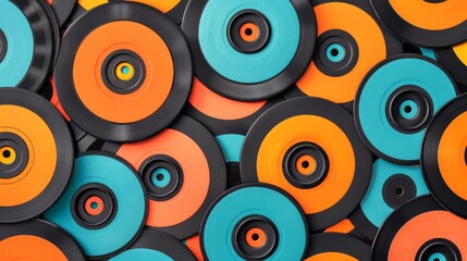 Colorful Collection of vinyl records. Assortment of vinyl LPs. Top view. Background. Concept of music diversity, vintage collection aesthetics, retro music, nostalgia, vintage audio