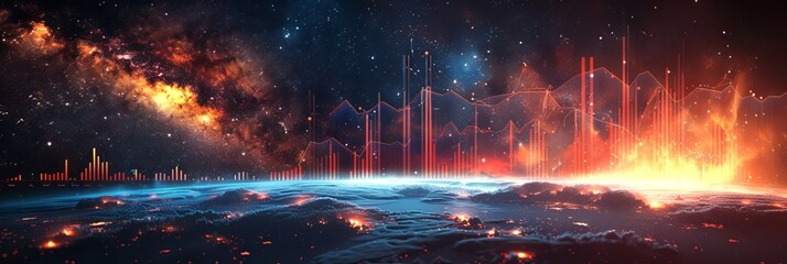 Fiery data analysis over digital landscape. Data analytics visualized with fiery financial graphs against cosmic backdrop. Futuristic space stock market concept. Suitable for background or wallpaper.