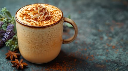   A cup of hot chocolate, topped with whipped cream, and a star anise on the table next to a bouquet of flowers