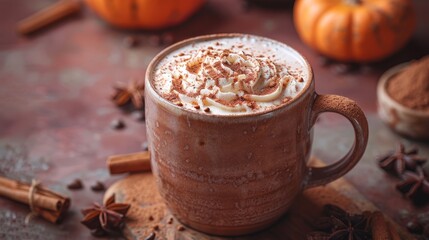   A tight shot of a steaming hot chocolate in a cup, adorned with whipped cream and a dusting of cinnamon sprinkles, on a table