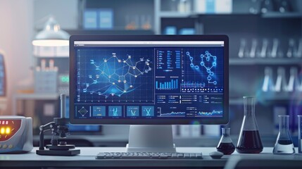 Fototapeta premium Sophisticated Pharmaceutical Innovation: AI Interface in Lab Setting