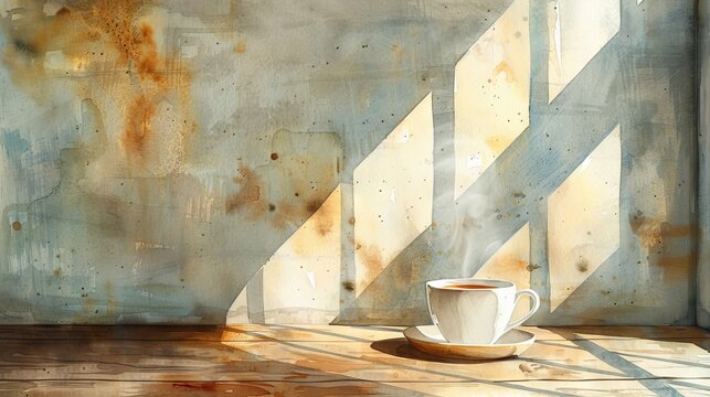 Steaming cup of tea on wooden table with shadows from window. Cozy breakfast scene with warm sunlight. Hot drink. Concept of calmness, morning routine, aromatic awakening. Copy space. Watercolor art