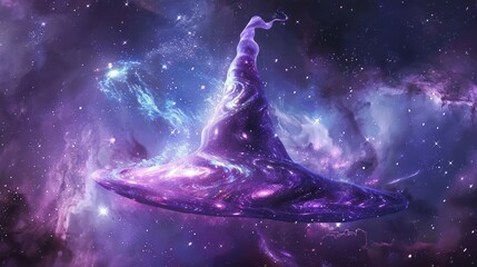 Sorceress's hat crafted from constellations in the galaxy. Celestial witch hat among the stars. Concept of mystical energy, space fantasy, cosmic witchcraft, and stellar magic. - obrazy, fototapety, plakaty