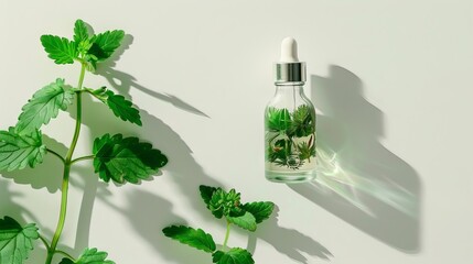 Essential oil. Botanical extract in dropper bottle with green leaves around. Light background. Concept of essence, natural skincare, organic beauty products, aromatherapy, herbal cosmetics. Top view